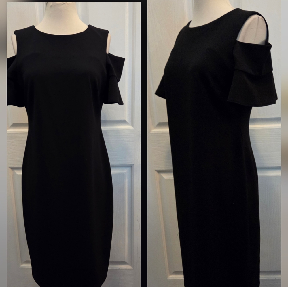 Calvin Klein Sheath Dress Size 8 Medium Black Cold Shoulder Sleeve Career Work